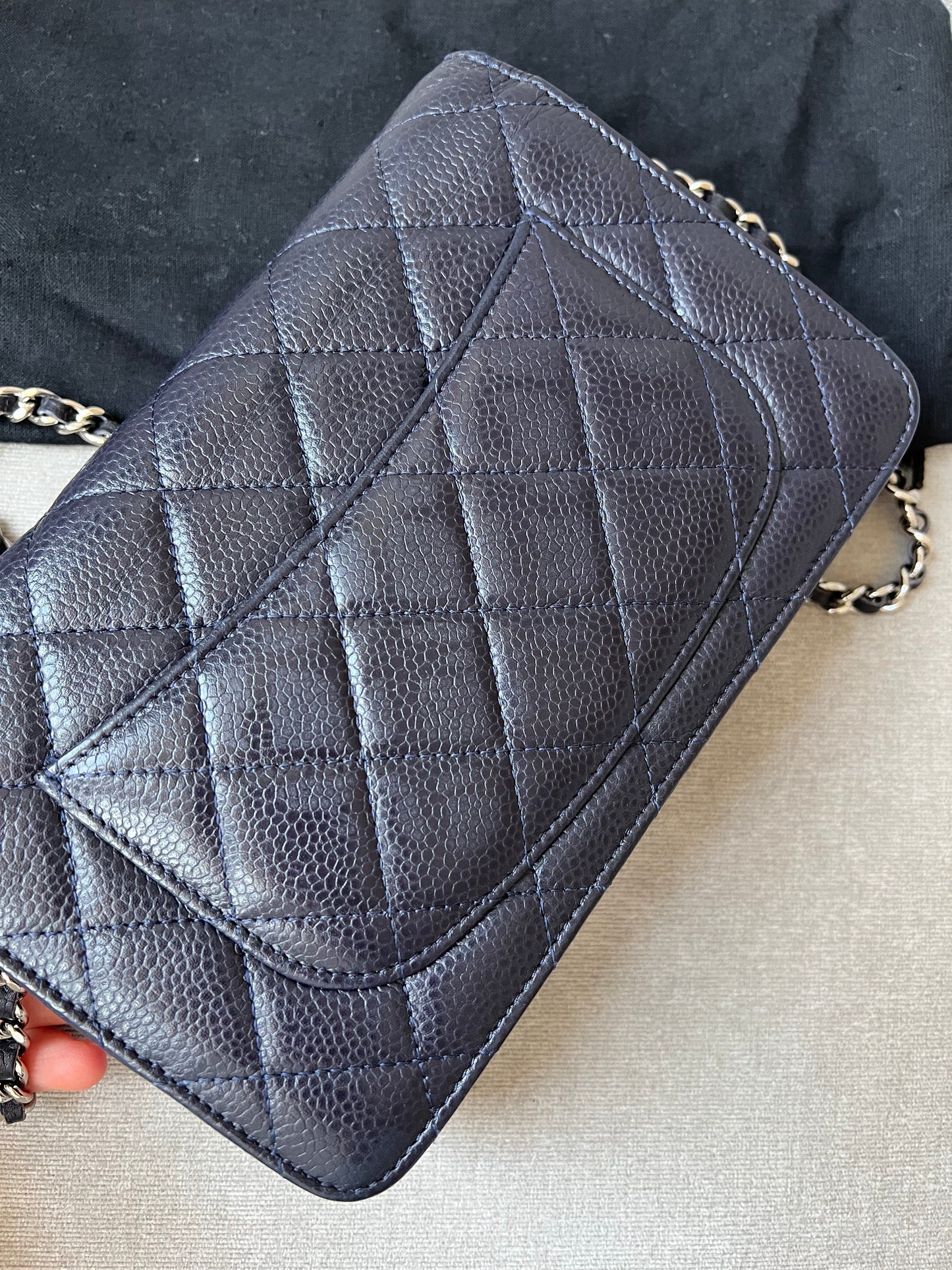 Chanel Navy Caviar Wallet on Chain With Silver Hardware