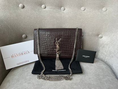 Yves Saint Laurent (YSL) Burgundy Croc Medium Kate Tassel with Silver Hardware