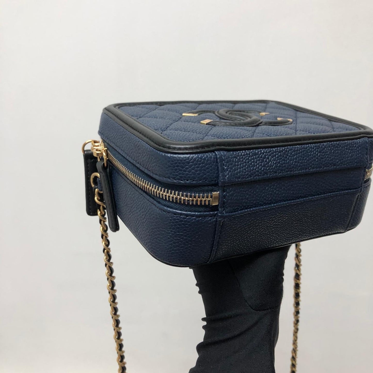 Small Caviar Quilted Filigree Vanity Case Blue/Black