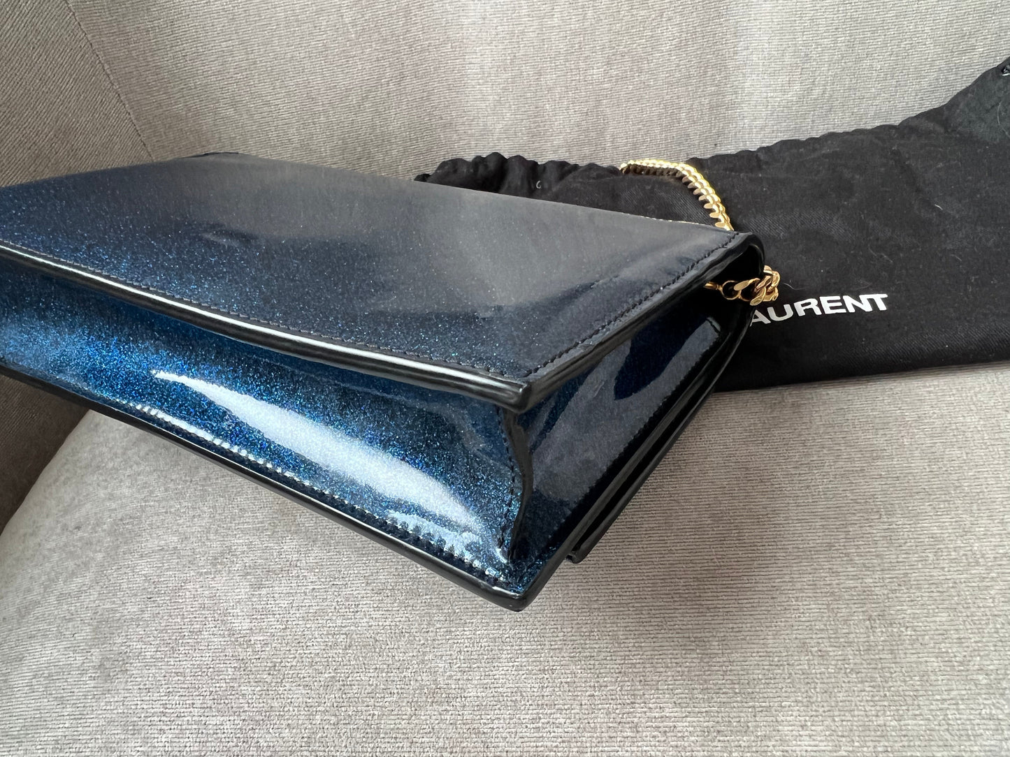 Yves Saint Laurent (YSL) Blue Patent Kate Chain Wallet Gold Hardware