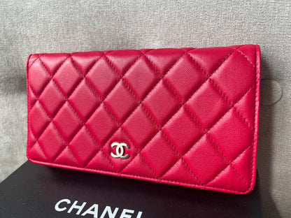 Chanel Classic Quilted Yen Bifold Wallet in Raspberry Red Lambskin and Silver Hardware
