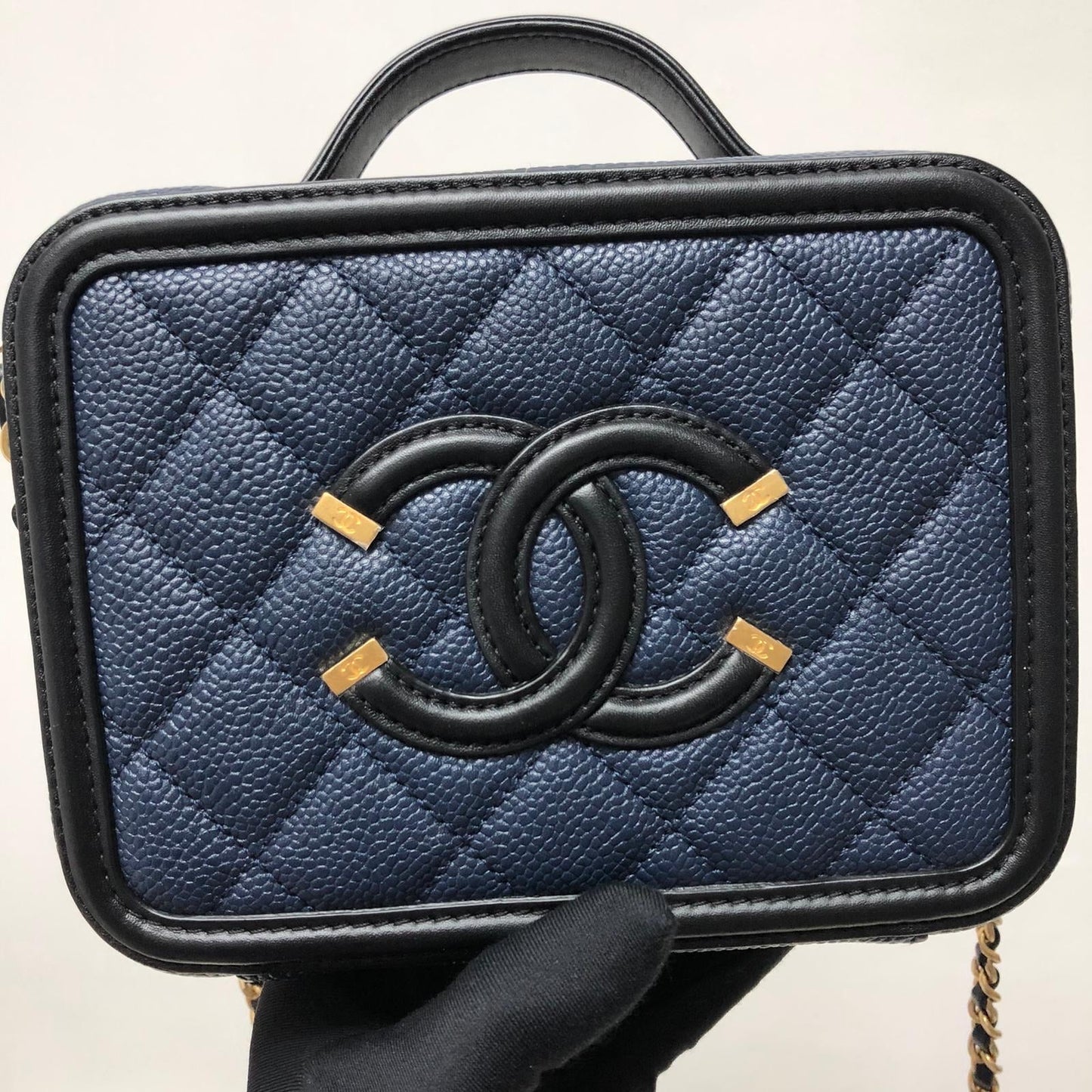 Small Caviar Quilted Filigree Vanity Case Blue/Black