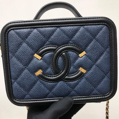 Small Caviar Quilted Filigree Vanity Case Blue/Black