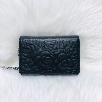 Camellia Embossed WOC Clutch Bag in Black Lambskin with SHW