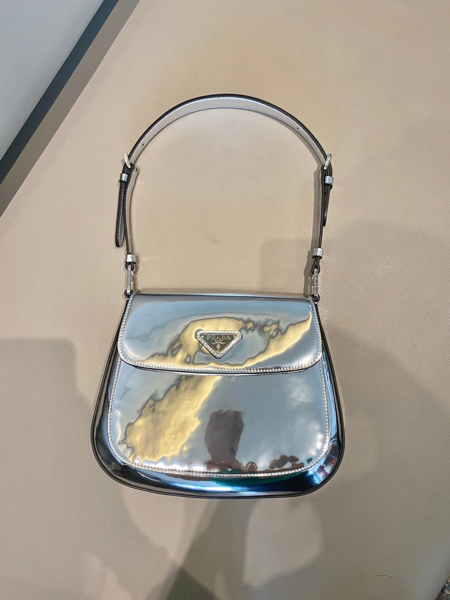 Prada Silver Cleo brushed Leather Shoulder Bag With Flap