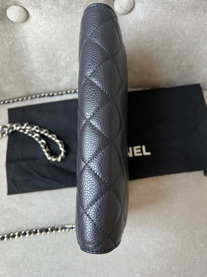 Chanel Navy Caviar Wallet on Chain With Silver Hardware