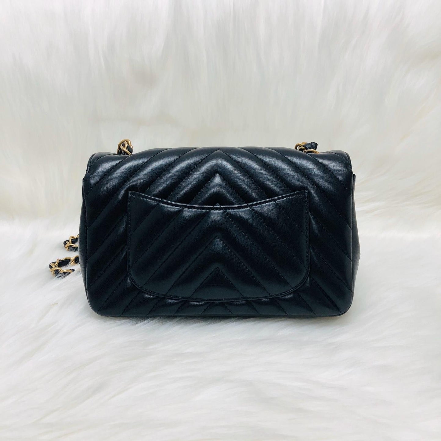 Mini Rectangular Chevron in Black Lambskin Leather with  GHW