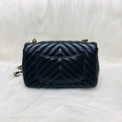 Mini Rectangular Chevron in Black Lambskin Leather with  GHW
