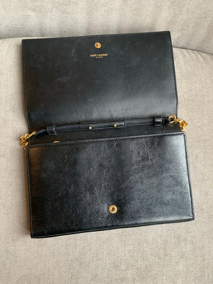 Yves Saint Laurent (YSL) Black Chain Wallet with Gold Hardware