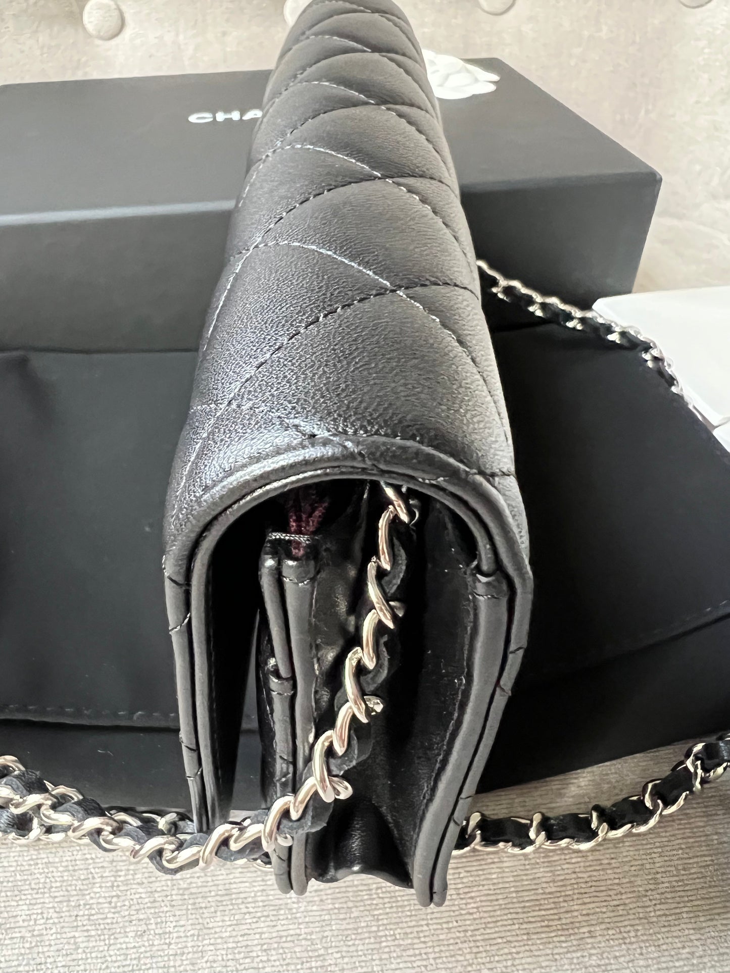 Chanel Black Lambskin Wallet on Chain with silver hardware