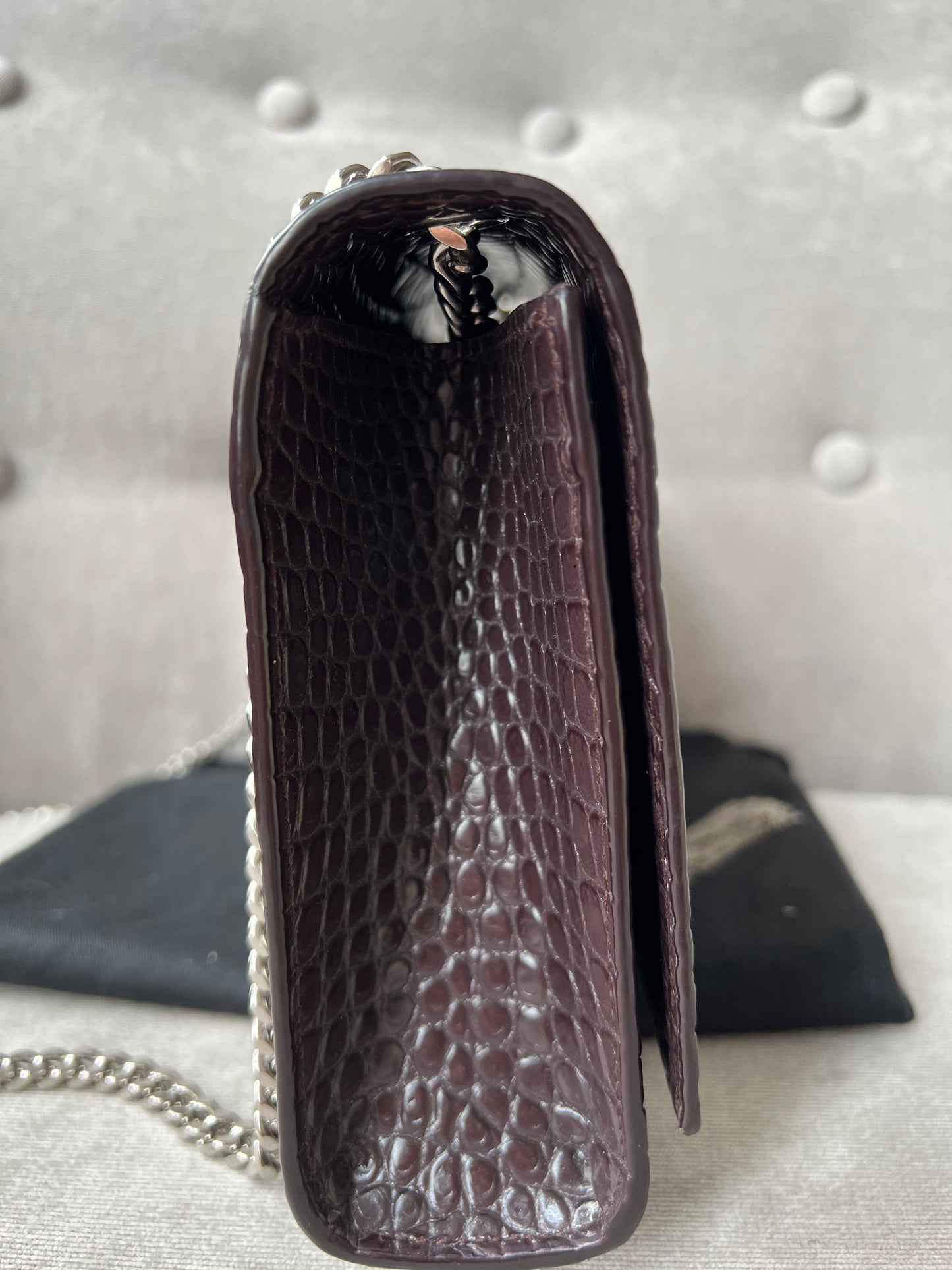 Yves Saint Laurent (YSL) Burgundy Croc Medium Kate Tassel with Silver Hardware