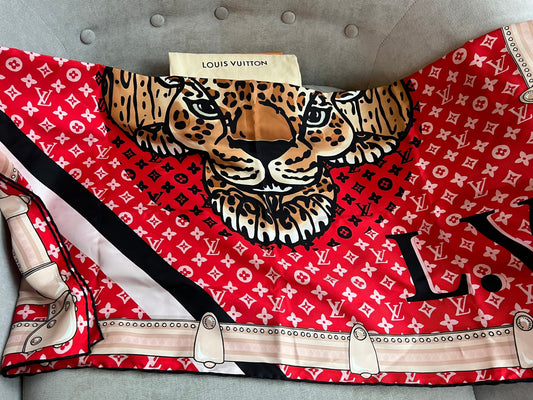 Louis Vuitton Red Tiger Print Silk Shawl