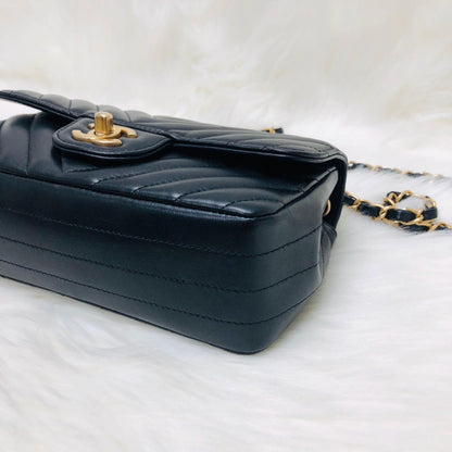 Mini Rectangular Chevron in Black Lambskin Leather with  GHW