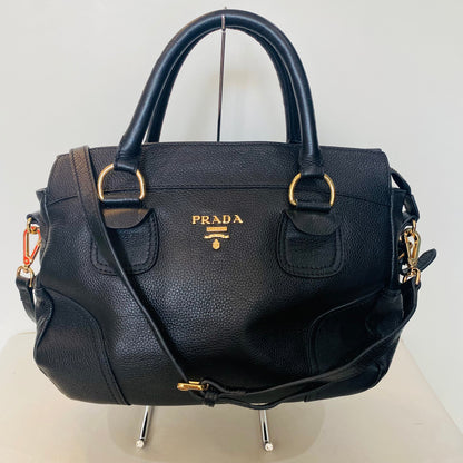 Prada Black Vitello Daino Satchel Rame