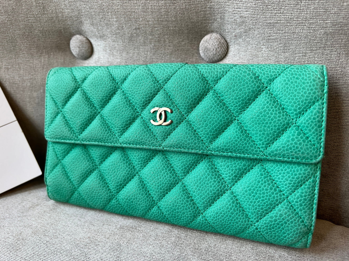 Chanel Green Suede Caviar Flap Wallet