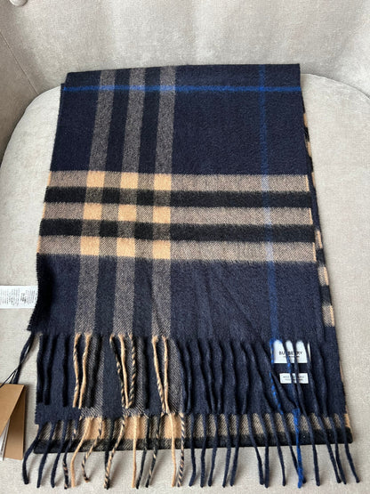 Burberry Classic Check Indigo and Mid Camel Cashmere Scarf (RRP £420)
