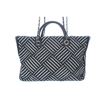 Woven Canvas Shopping Tote Black & Silver