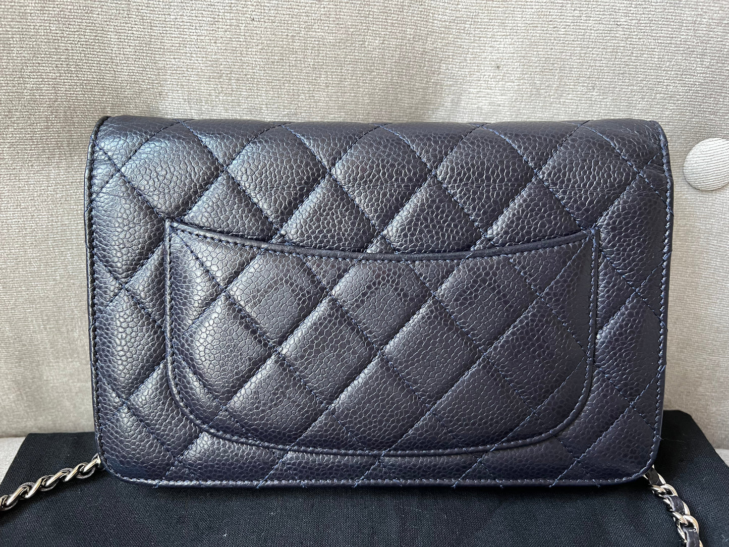 Chanel Navy Caviar Wallet on Chain With Silver Hardware