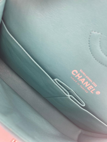 Chanel Turquoise Blue Canvas Medium Classic Double Flap with Silver Hardware  RRP - £8,530
