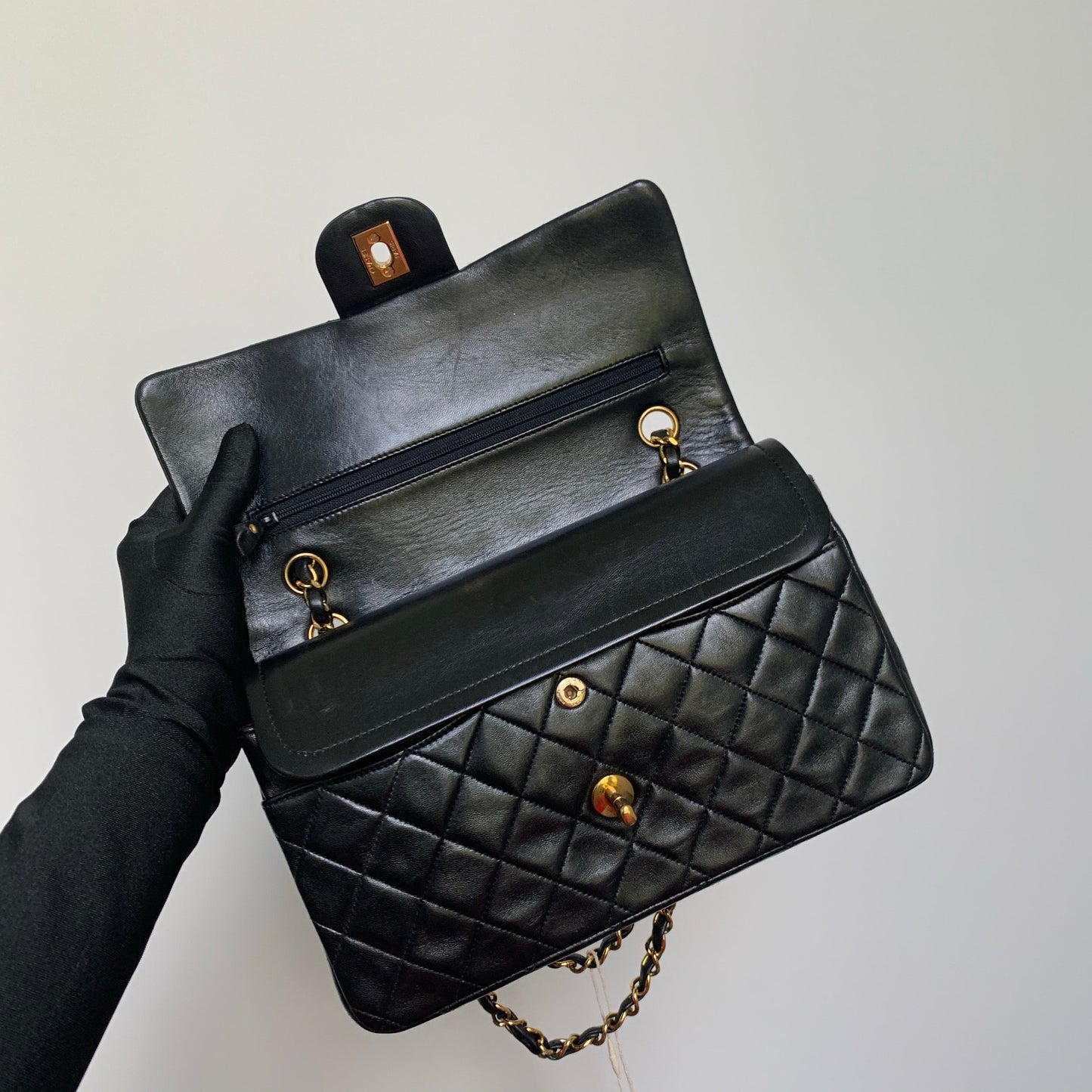 Vintage Lambskin Double Flap M/L with GHW In black