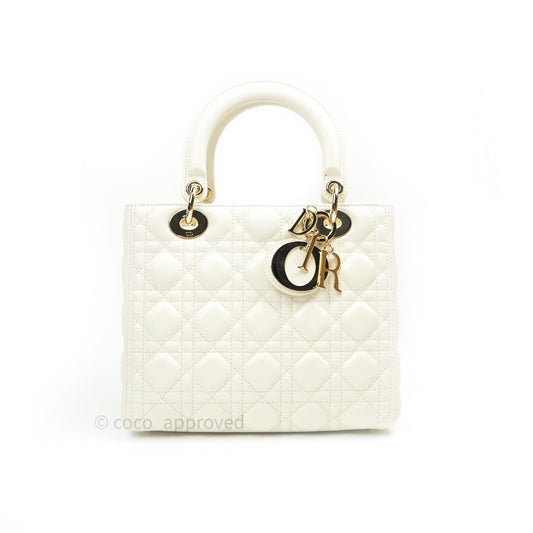 Christian Dior Lambskin Medium Lady Dior Ivory White Gold Hardware