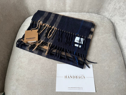 Burberry Classic Check Indigo and Mid Camel Cashmere Scarf (RRP £420)