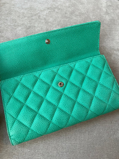 Chanel Green Suede Caviar Flap Wallet