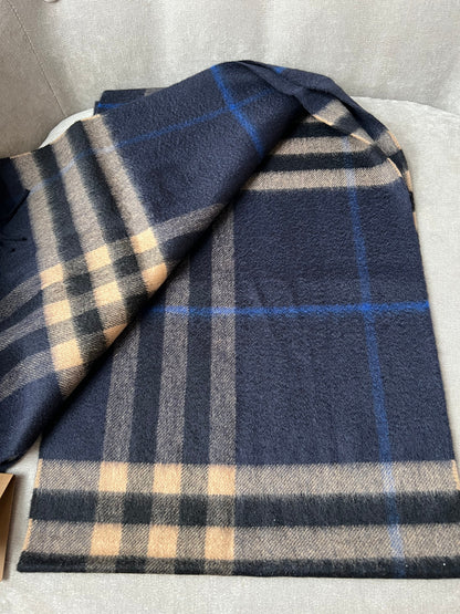 Burberry Classic Check Indigo and Mid Camel Cashmere Scarf (RRP £420)