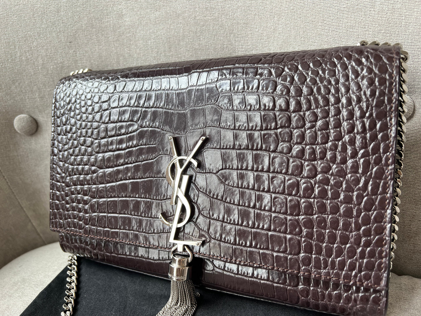 Yves Saint Laurent (YSL) Burgundy Croc Medium Kate Tassel with Silver Hardware