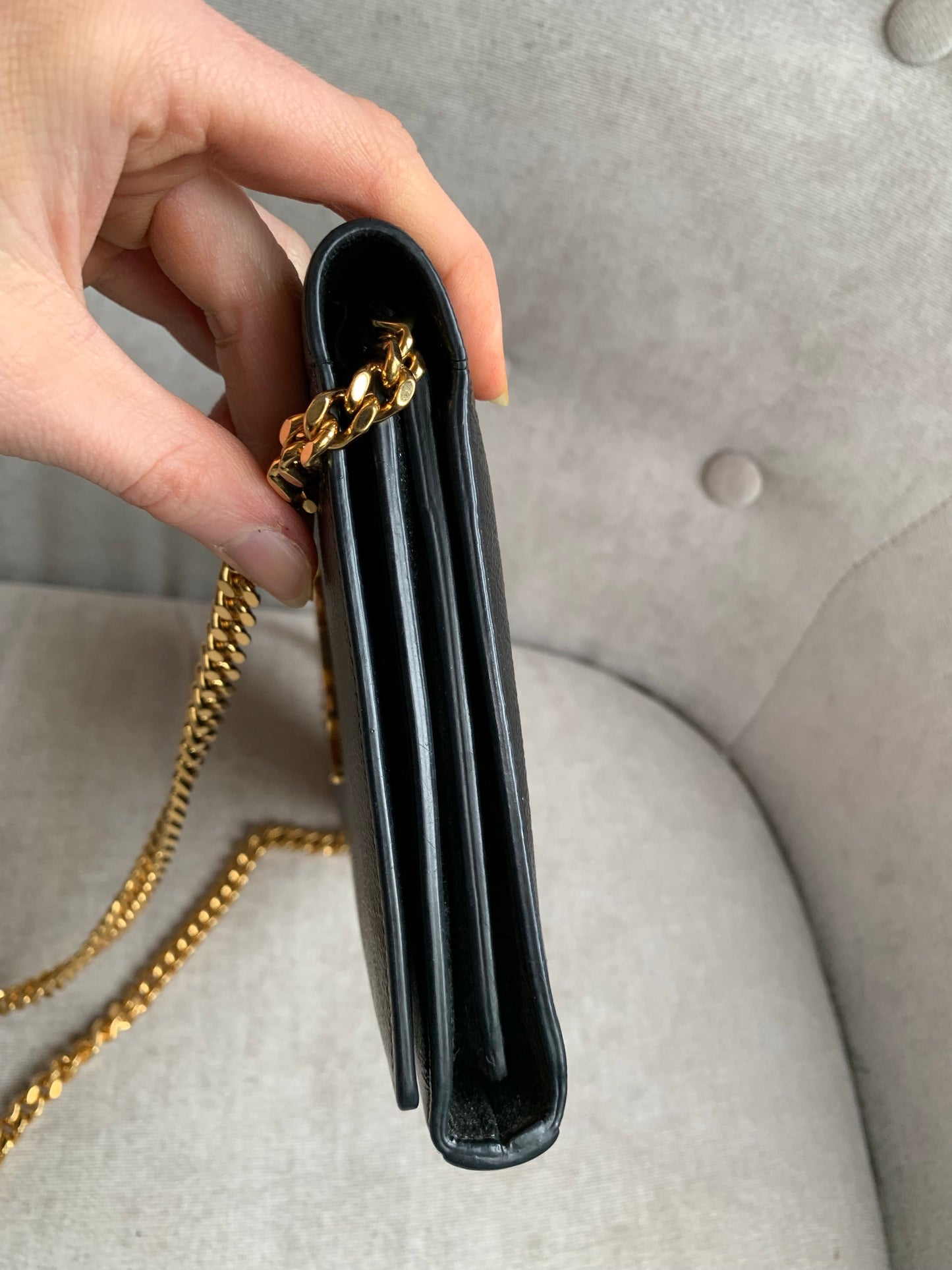 Yves Saint Laurent (YSL) Black Chain Wallet with Gold Hardware