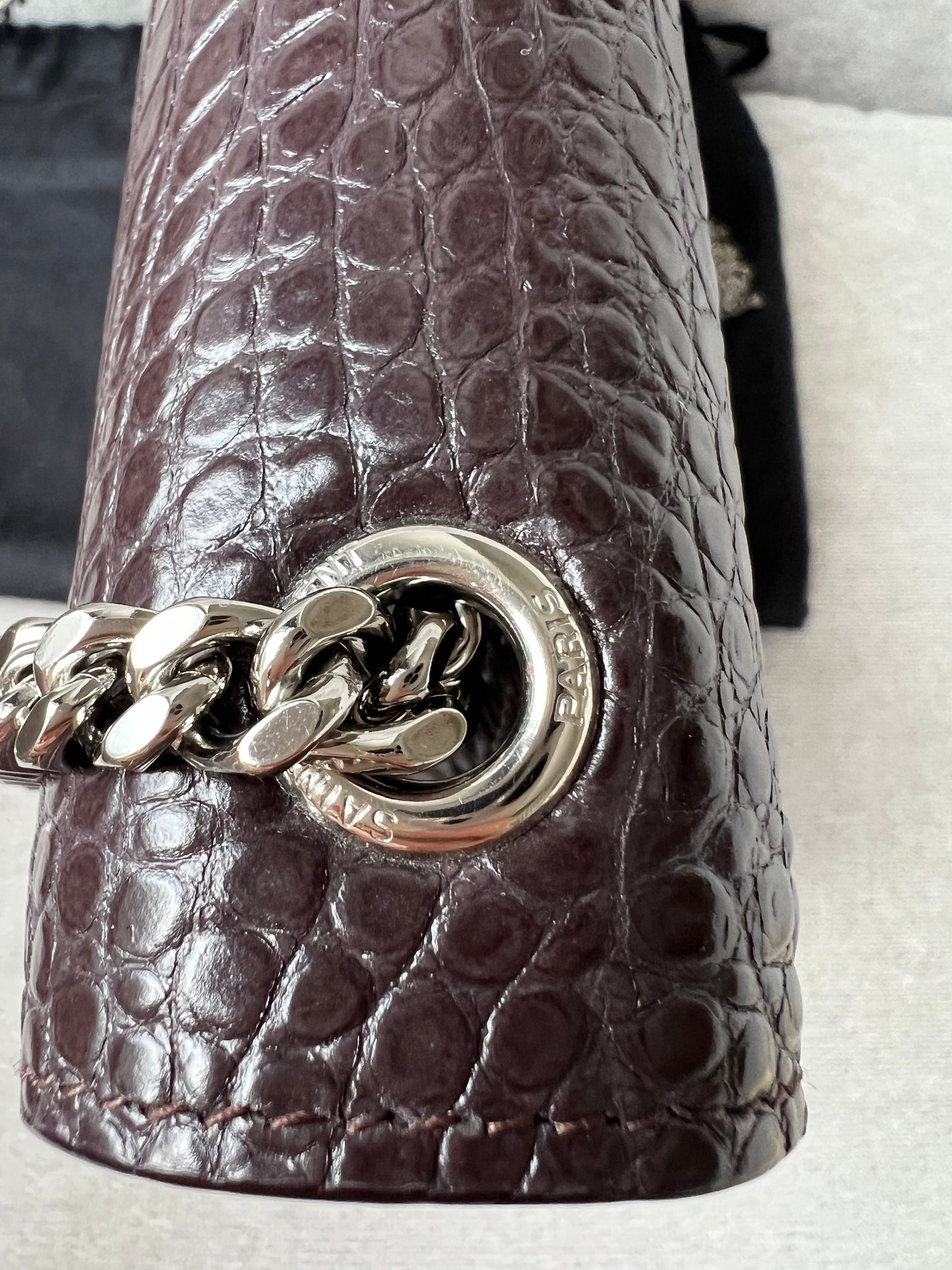 Yves Saint Laurent (YSL) Burgundy Croc Medium Kate Tassel with Silver Hardware