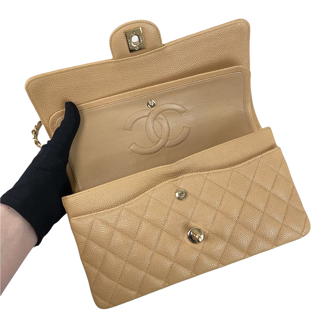 Classic Double Flap Caviar Medium Dark Beige GHW