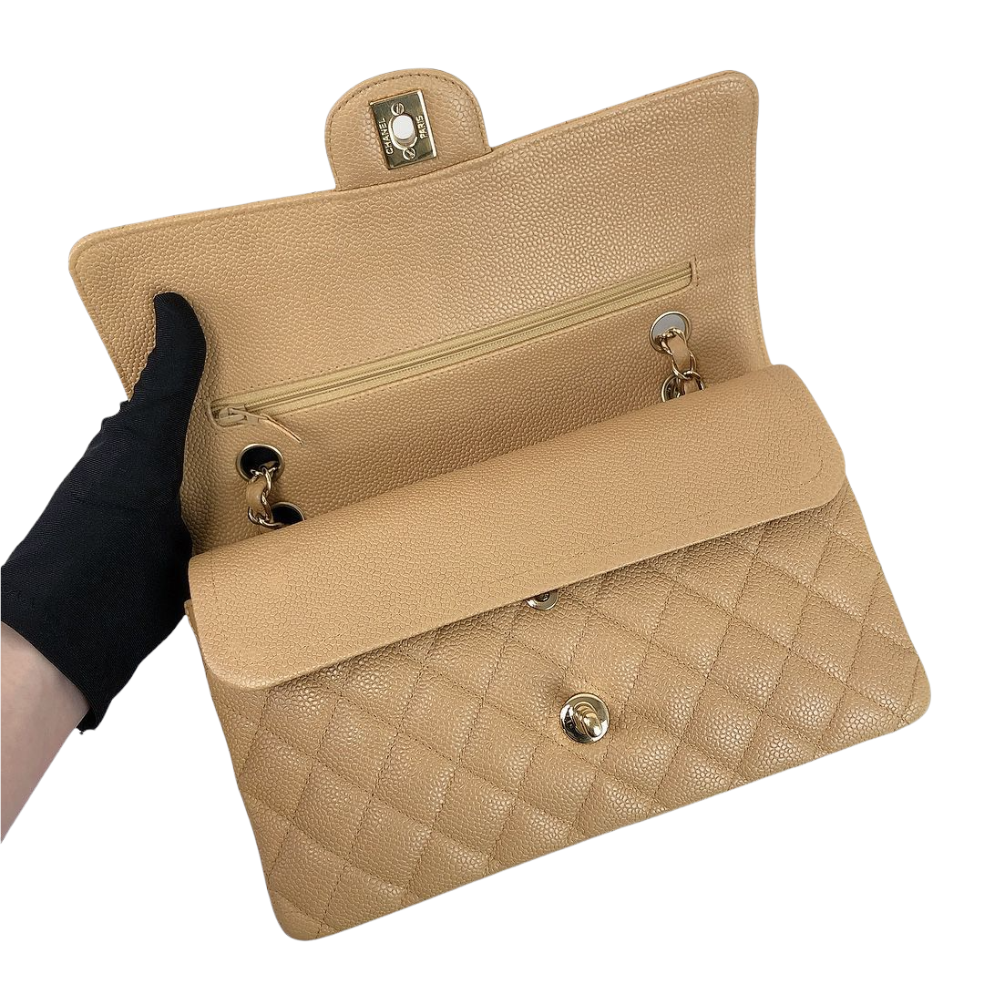 Classic Double Flap Caviar Medium Dark Beige GHW