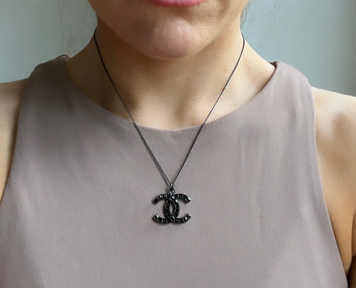 Chanel Black Crystal CC Pendant Necklace