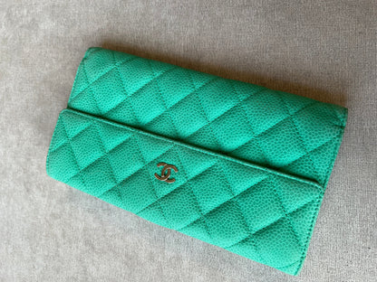 Chanel Green Suede Caviar Flap Wallet