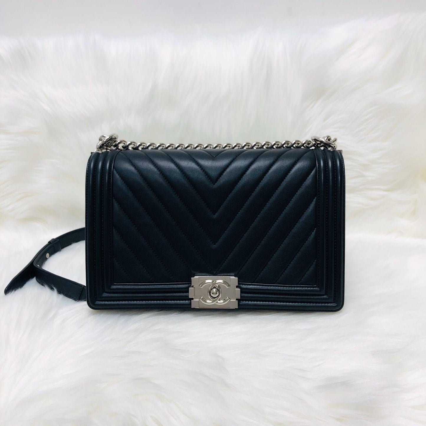 Le Boy Chevron Calfskin Flap Bag with Shiny Silver Hardware New Medium