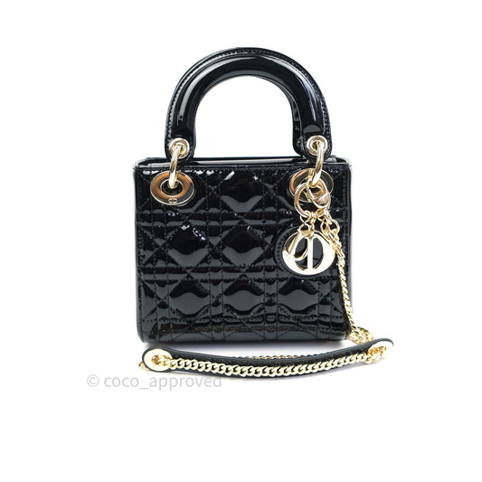 Christian Dior Mini Lady Dior Black Patent Light Gold Hardware