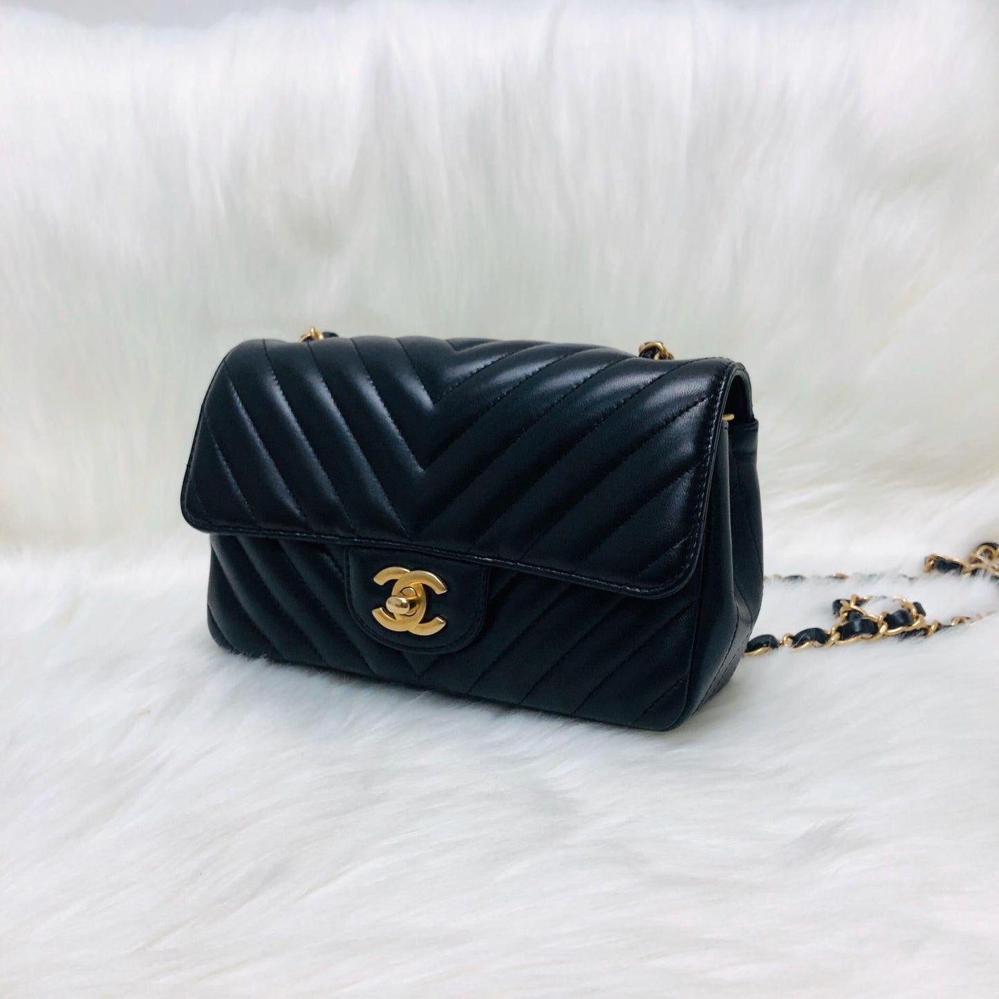 Mini Rectangular Chevron in Black Lambskin Leather with  GHW