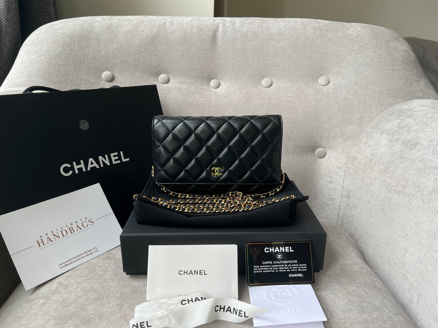 Chanel Black Lambskin Wallet on Chain with gold hardware