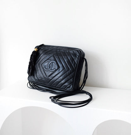 Chanel black quilted lambskin crossbody bag with tassel