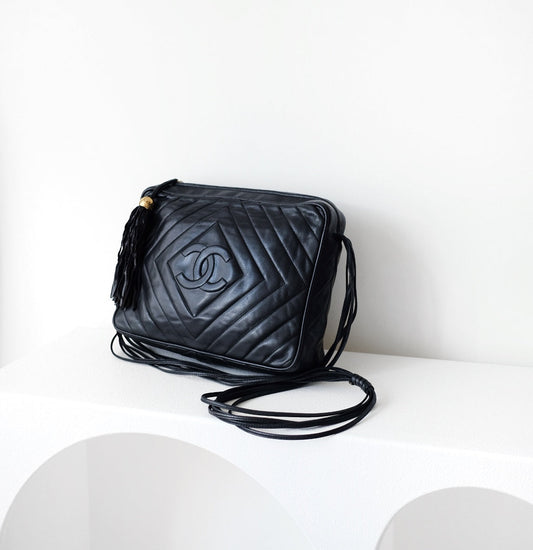 Chanel black quilted lambskin crossbody bag with tassel