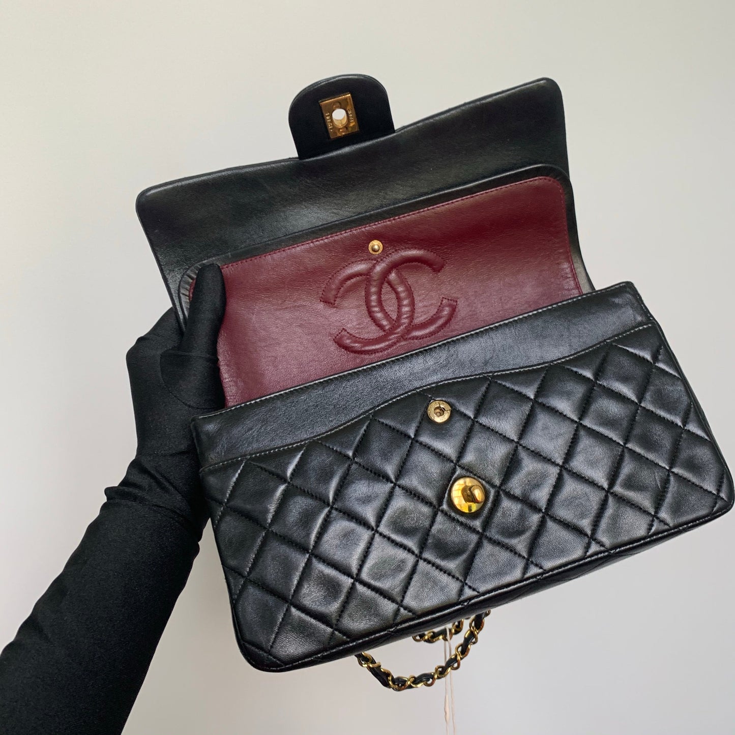 Vintage Lambskin Double Flap M/L with GHW In black