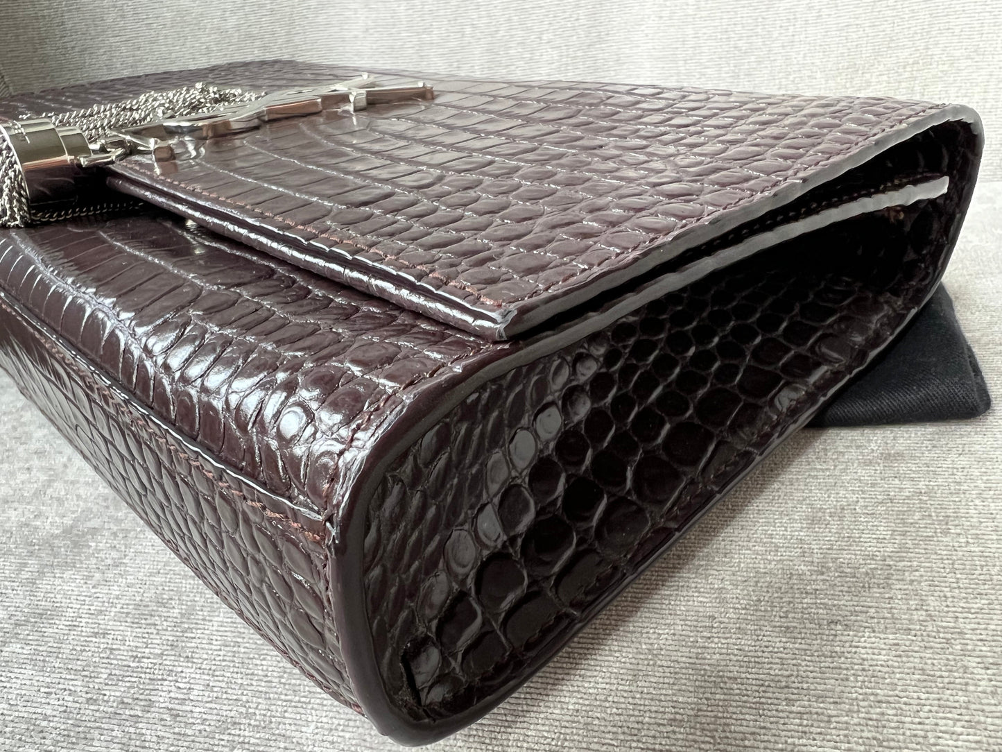 Yves Saint Laurent (YSL) Burgundy Croc Medium Kate Tassel with Silver Hardware