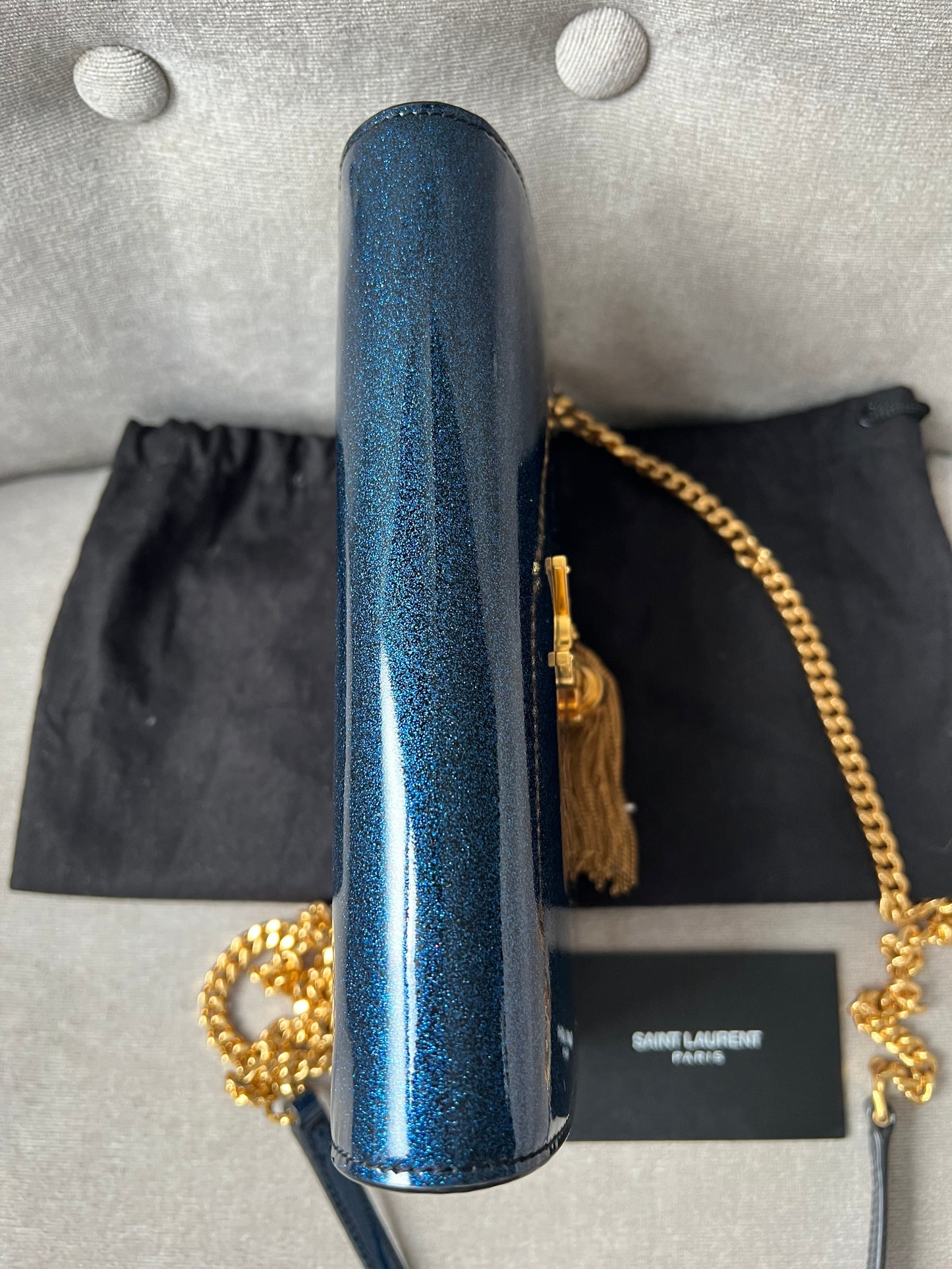 Yves Saint Laurent (YSL) Blue Patent Kate Chain Wallet Gold Hardware