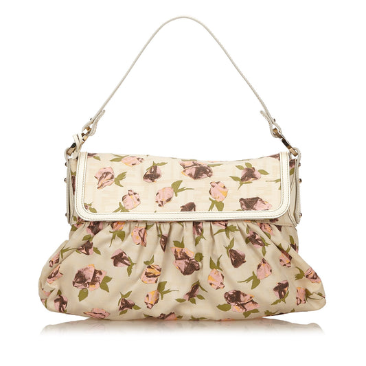 Fendi Brown Beige Canvas Fabric Printed Shoulder Bag Italy