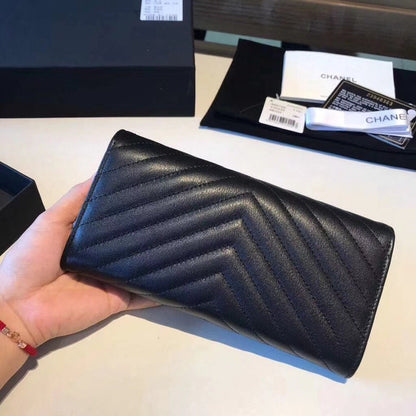 Chanel Classic Long Flap Wallet Chevron Lambskin Black