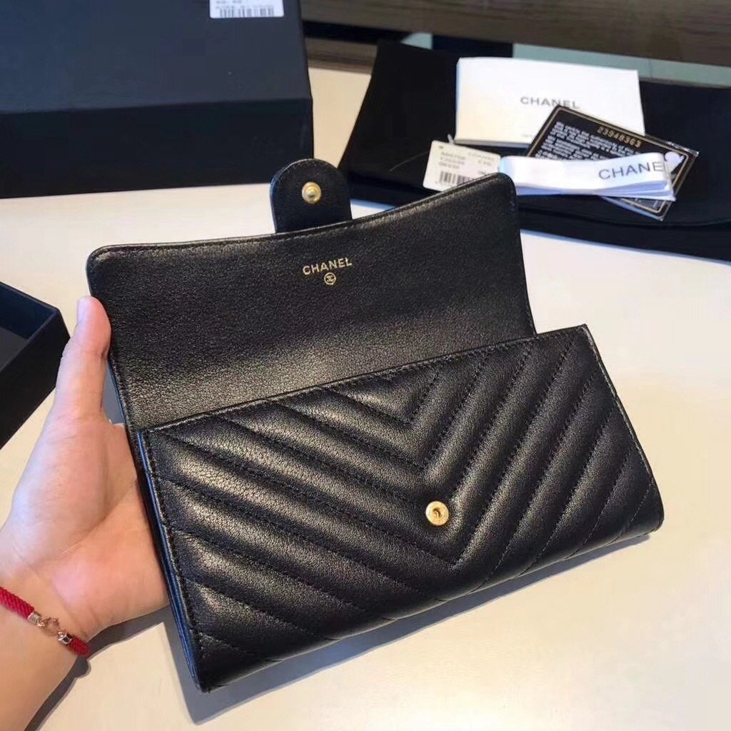 Chanel Classic Long Flap Wallet Chevron Lambskin Black best quality