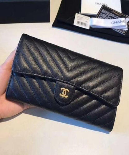 Chanel Classic Long Flap Wallet Chevron Lambskin Black