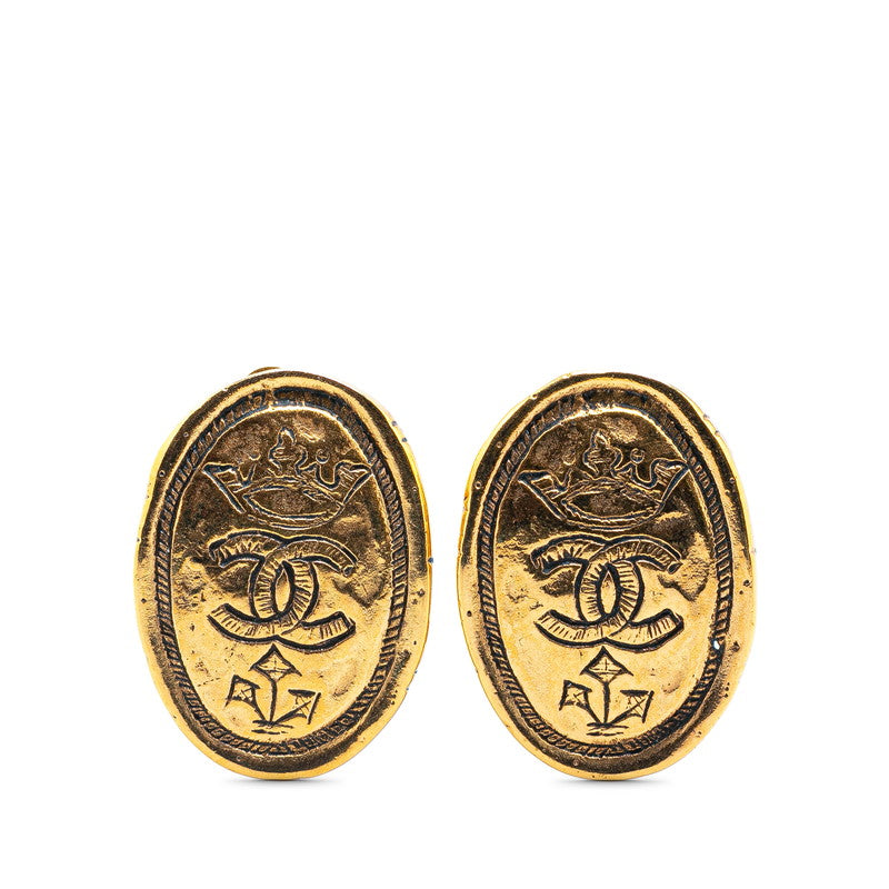 Chanel Gold Plated Coco Mark Oval Crown Earrings 26