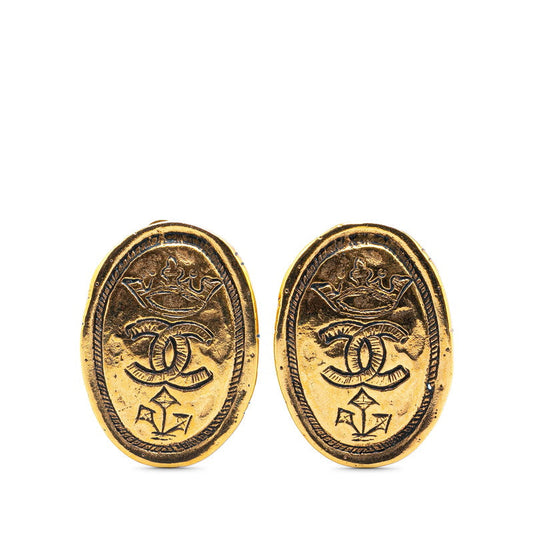 Chanel Gold Plated Coco Mark Oval Crown Earrings 26